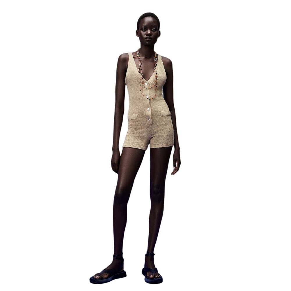 Zara Rustic Knit Jumpsuit Tank Sleeveless Romper Tan Sweater knit minimalist